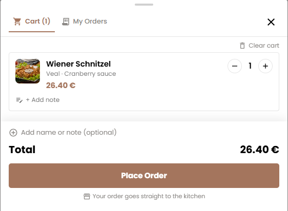 Der Warenkorb: Mengen, optional Name oder Notiz und der Bestellen-Button