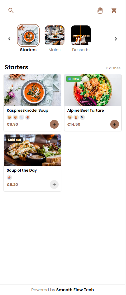 Die Karte am Handy des Gastes: Kategorien, Fotos, Allergen-Symbole und Preise