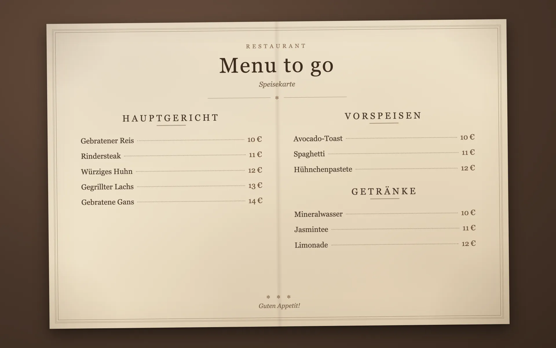 Printed paper menu